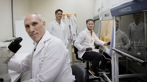 Pablo Armas, Agustin Lorenzatti y Ernesto Piga en el cuarto de cultivo celular en IBR. Foto: IBR/ Elizabeth Karayekov.