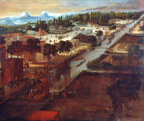 El entorno lacustre de la ciudad persistió hasta el siglo XIX. Pedro Villegas. Paseo de la Viga con la iglesia de Ixtacalco. 1706, México, óleo sobre lienzo.