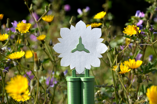 Batería FlowER instalada en un campo. El tallo verde es una estructura compostable y en las hojas de la flor se produce la evaporación. / Carles Tortosa.