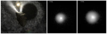 Izquierda: Imagen artística de un estallido de 29P/Schwassmann-Wachmann 1. Centro y derecha: Imágenes del diámetro de la coma del cometa, realizadas con el telescopio IAC 80 el 5 y 6 de febrero de 2010.