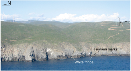 La franja blanca corresponde a un alga que muere al quedar expuesta a la radiación solar y, encima de ella, se ve la marca que corresponde a la altura del tsunami.