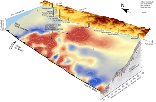 Levantamiento del piso marino como producto de la ruptura sísmica del terremoto de Illapel de 2015, generado en el contacto de las placas tectónicas de Nazca bajo la Sudamericana.