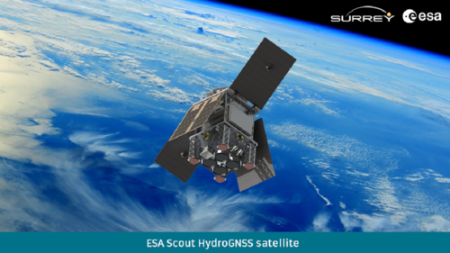 Interpretación artística del satélite HydroGNSS en órbita. / SSTL.