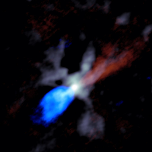 Imagen de ALMA de la caótica escena alrededor de una enorme protoestrella joven, en este caso llamada W51e2e/Goddi, Ginsburg, et al., Sophia Dagnello, NRAO / AUI / NSF.