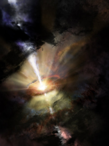 Un pequeño cúmulo de nubes de gas gigantes que precipitan en dirección del agujero negro central. Imagen: NRAO/AUI/NSF; Dana Berry / SkyWorks; ALMA (ESO/NAOJ/NRAO).