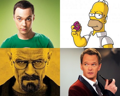 Personajes de algunas de las series utilizadas en el estudio. De izquiera a derecha y siguiendo el sentido horario: Sheldon Cooper, Homer Simpson, Walter White i Bartney Stinson/UPF