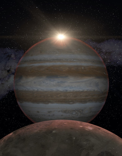 Ilustración de Júpiter visto desde Ganímedes en el momento del eclipse. Crédito: Gabriel Pérez, SMM (IAC).