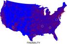 Mapa de densidad de cómo de fácil es encontrar a alguien (o algo) en una zona de Estados Unidos, según el modelo creado por los investigadores. (Azul = difícil, rojo=fácil). Los círculos indican los globos de DARPA en 2009. Imagen: UC3M.