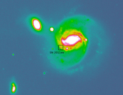 Imagen de la Supernova 2011ee obtenida el 19 de septiembre de 2011 con el instrumento OSIRIS (filtro i), instalado en el Gran Telescopio CANARIAS (GTC). Imagen: IAC.