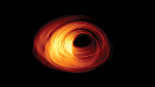 Imagen simulada de un agujero negro de acreción. El horizonte de eventos está en el centro de la imagen, y la sombra se puede ver con un disco de acreción giratorio que lo rodea. Crédito: Bronzwaer / Davelaar / Moscibrodzka / Falcke / Universidad Radb
