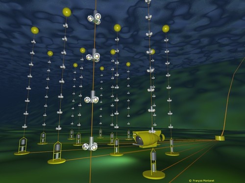 Ilustración artística del detector de neutrinos submarino Antares. Imagen: François Montanet.