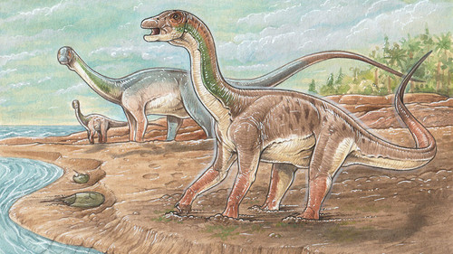 Dinosaurio saurópodo patinando sobre una superficie resbaladiza. Ilustración: Gabriel Lio.