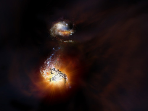 Representación artística de dos galaxias con brotes de formación estelar empezando a fusionarse en el Universo joven. Créditos: NRAO/AUI/NSF