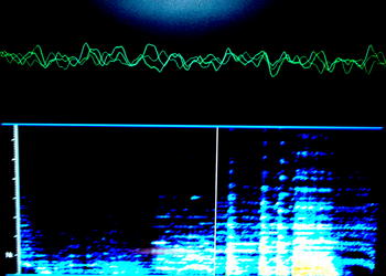 Imagen de la pantalla del ordenador que muestra en la parte de arriba la forma de la onda que se está produciendo y en la parte de abajo el análisis espectral del sonido que se reproduce en la cabina en ese momento
