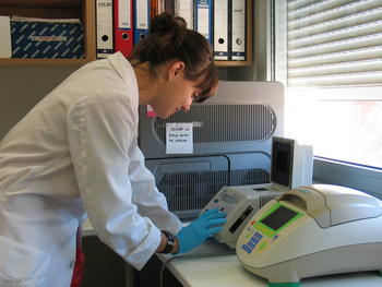 Raquel Almansa, biologa y técnico superior de investigación de la Unidad, programando un Termociclador donde se realiza el diagnóstico de gripe.