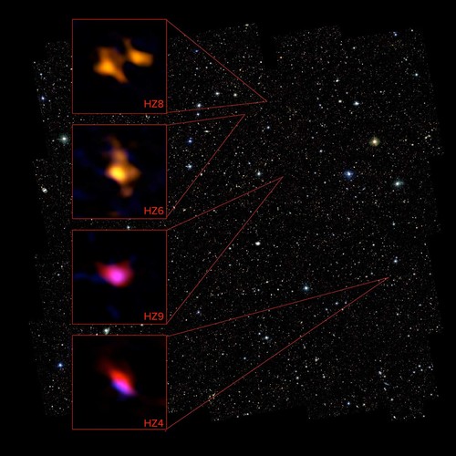 Aquí se comparan los datos de cuatro galaxias recabados por ALMA con otros objetos del estudio Cosmos. FOTO: ALMA (NRAO/ESO/NAOJ), P. CAPAK; B. SAXTON (NRAO/AUI/NSF)