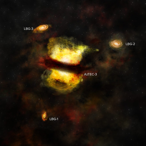 Representación artística del protocúmulo observado con ALMA. La imagen muestra la galaxia central con brotes de formación estelar AzTEC-3 junto con su cohorte de pequeñas galaxias menos activas. Créditos: B. Saxton (NRAO/AUI/NSF) 