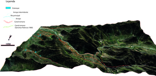 Mapa 3D con la disposición de canales y embalses romanos del valle del Eria a partir de datos LiDAR. Imagen: Javier Fernández.