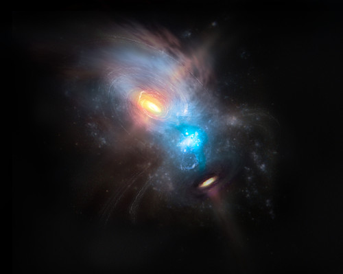 Impresión artística de la galaxia en fusión NGC 6240. Crédito: NRAO/AUI/NSF, S. Dagnello