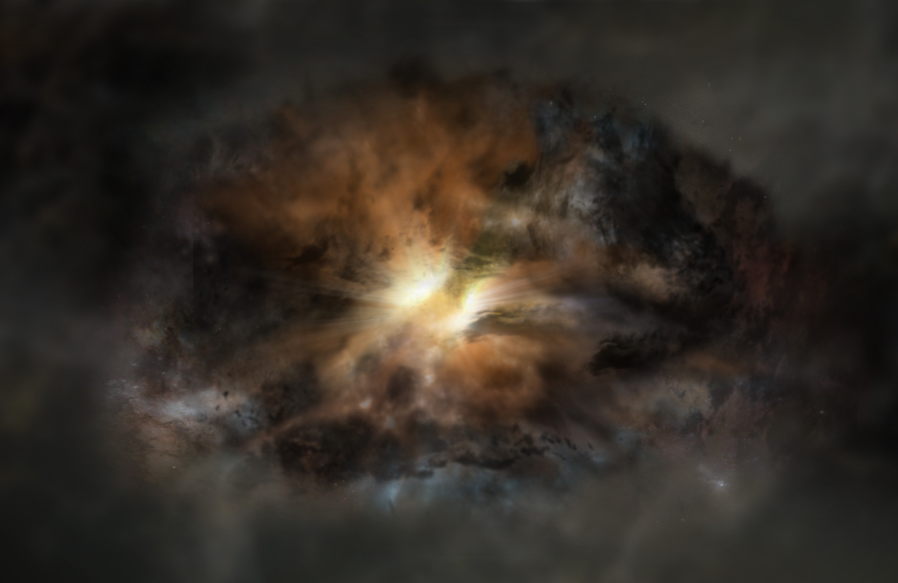 RepresentaciÃ³n artÃ­stica de W2246-0526, una galaxia cuyo brillo infrarrojo es equivalente al de unos 350 billones de soles. CrÃ©dito: NRAO/AUI/NSF; Dana Berry / SkyWorks; ALMA (ESO/NAOJ/NRAO)