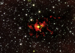 Se ha descubierto un Ãºtero estelar con mÃ¡s de 500 veces la masa del Sol, el que vemos como una burbuja amarilla en el centro de la imagen. CrÃ©dito:  ALMA (ESO/NRAJ/NRAO)/NASA/Spitzer/JPL-Caltech/GLIMPSE