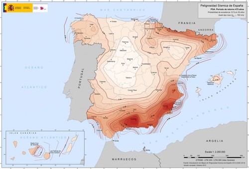 Mapa de peligrosidad sísmica de España.