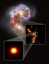 Las galaxias Antena observadas en luz visible con el telescopio espacial Hubble (superior), extensas nubes de gas molecular (derecha). (Inferior) Primer cÃºmulo globular en formaciÃ³n que se haya identificado. FOTO: ALMA