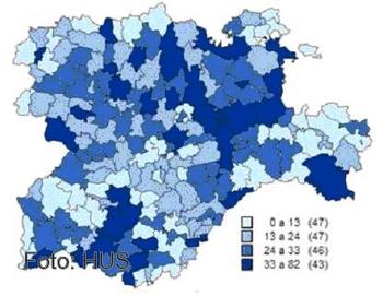 Tasa de mortalidad por cáncer gástrico en Castilla y León por zonas básicas de salud en 2002. Gráfico: HUS