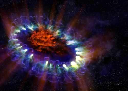 Ilustración artística de la supernova 1987A revela las frías regiones interiores de los remanentes de la estrella que explotó (en rojo) donde fueron detectadas enormes cantidades de polvo gracias a ALMA.   Créditos: Alexandra Angelich (NRAO/AUI/NSF).