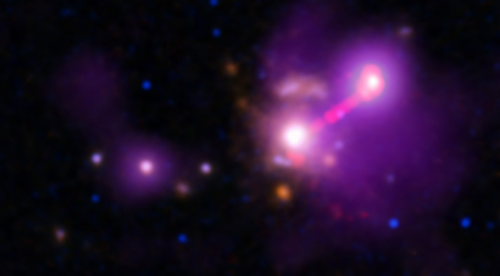 Galaxia solitaria, con un agujero negro, dos chorros de materia y una fuente de rayos X. Créditos: Rayos X: NASA/CXC/Univ. of Torino/V. Missaglia et al.